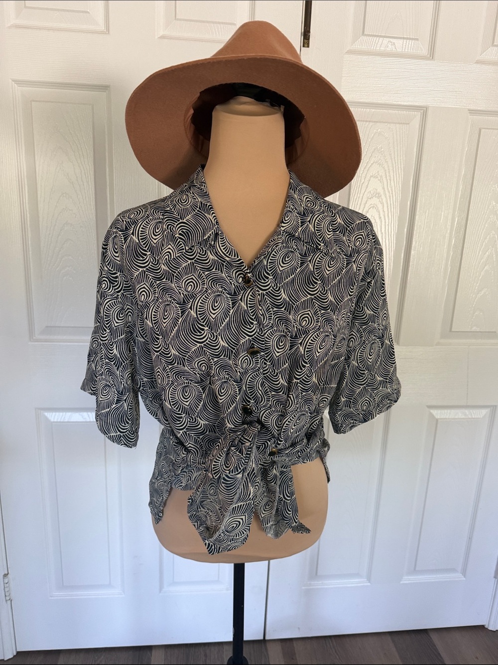 Vintage 1980s Yves Saint Laurent Navy and White Swirl Button-Down Shirt vintage